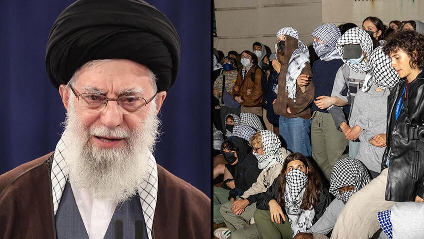 Supreme Leader of Iran Ali Khamenei praises U.S. college students for pro-Palestinian protests (Photos: Alex Kent / Getty Images North America / AFP) מפגינים פרו פלסטינים באוניברסיטת קולומביה