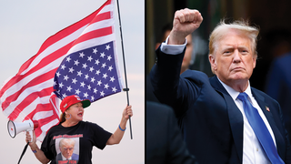 חצי חצי: טראמפ מניף אגרוף מחוץ לבית משפט ב ניו יורק ארה"ב אחרי הרשעתו , מפגינים בעד טראמפ מחו לאחוזת מאר א-לאגו ב פאלם ביץ