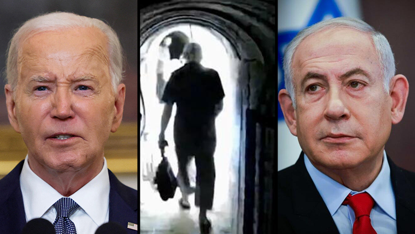 צילום: חיים גולדברג/פלאש90, דובר צה"ל , REUTERS/Evelyn Hockstein ביבי בנימין נתניהו, תיעוד של סינוואר, ג'ו ביידן נשיא ארה"ב,