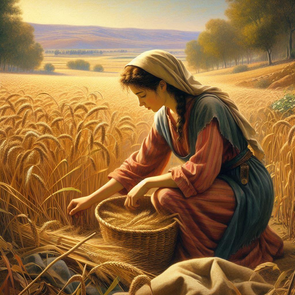 Photo: Created via Dall-E 3 רות מלקטת שיבולים, גרסת הבינה המלאכותית