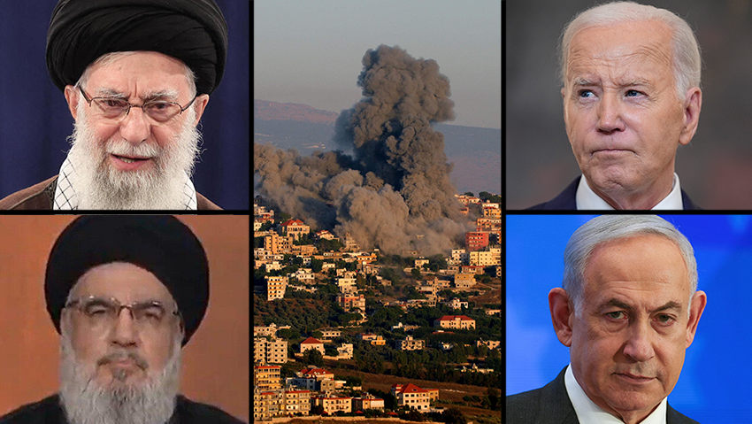 Ali Khamenei, Hassan Nasrallah, strike in Lebanon, Joe Biden, Benjamin Netanyahu (Photo: REUTERS/Ronen Zvulun, Alex Kent / GETTY IMAGES, Rabih DAHER / AFP, Reuters) ג'ו ביידן, בנימין נתניהו, פיצוצים מאל-חיאם בלבנון, עלי חמינאי, חסן נסראללה