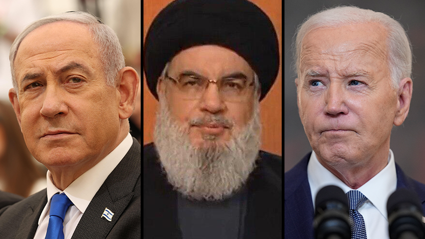 Prime Minister Benjamin Netanyahu, Hezbollah leader Hassan Nasrallah, U.S. (Photo: Amit Shabi, Reuters) ג'ו ביידן חסן נסראללה בנימין נתניהו