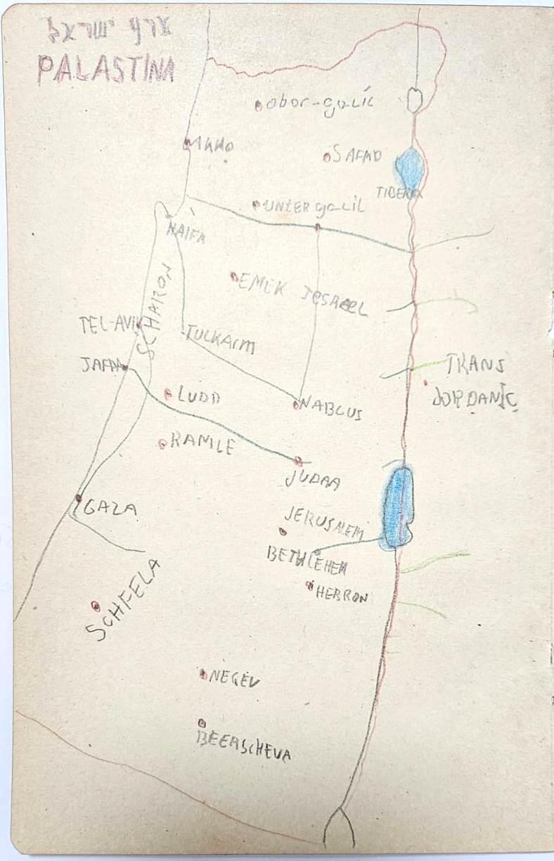 The map of Israel (Photo: Dynasty auctions) מפת ארץ ישראל, כפי שצייר הילד בגטו