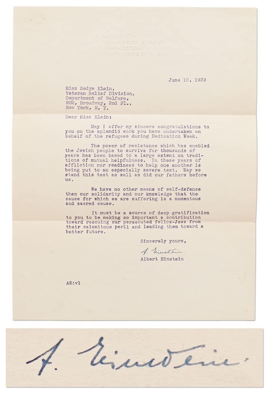 Einstein's signed letter (Photo: Nate D. Sanders Auctions) המכתב שכתב אלברט איינשטיין עם חתימתו