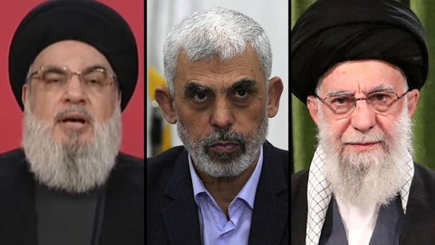 Iran and its proxies (Photo: AFP / HO / KHAMENEI.IR / AP) עלי חמינאי, יחיא סינוואר, חסן נסראללה