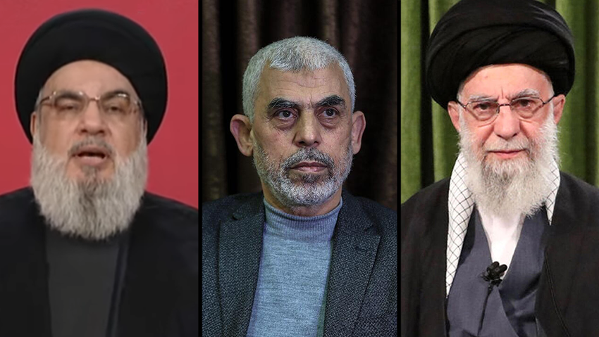 Israel's main fronts (Photo: AFP / HO / KHAMENEI.IR / EPA) עלי חמינאי, יחיא סינוואר, חסן נסראללה