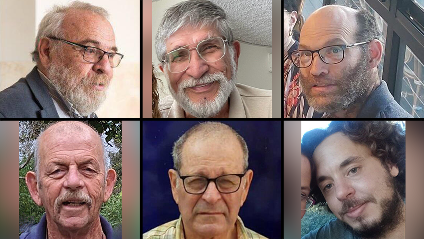 From top left clockwise: Alex Dancyg, Yoram Metzger, Nadav Popplewell, Yagev Buchshtab, Avraham Munder and Chaim Peri (Photo: Courtesy of the families) נדב פופלוול, בוכשטב יגב, יורם מצגר, חיים פרי, אברהם מונדר, אלכס דנציג