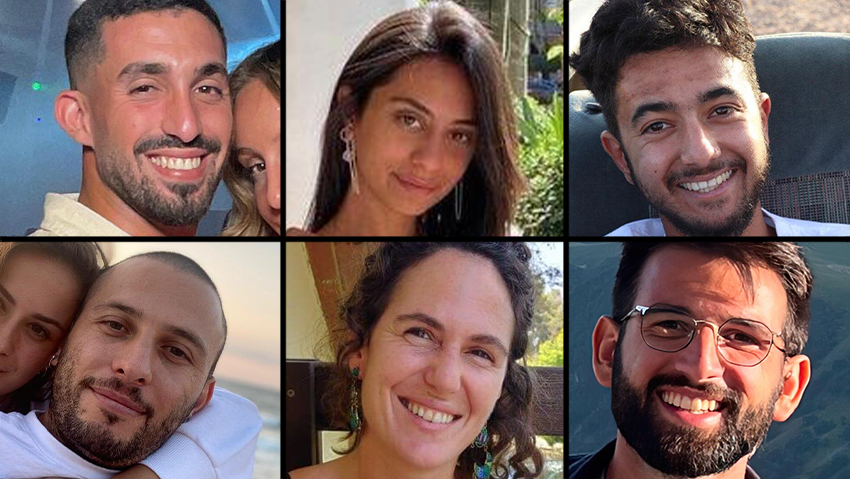 The murdered hostages (Photo: Courtesy of the families) מימין למעלה: הירש גולדברג-פולין, עדן ירושלמי, אורי דנינו. מימין למטה: אלמוג סרוסי, כרמל גת, אלכס לובנוב