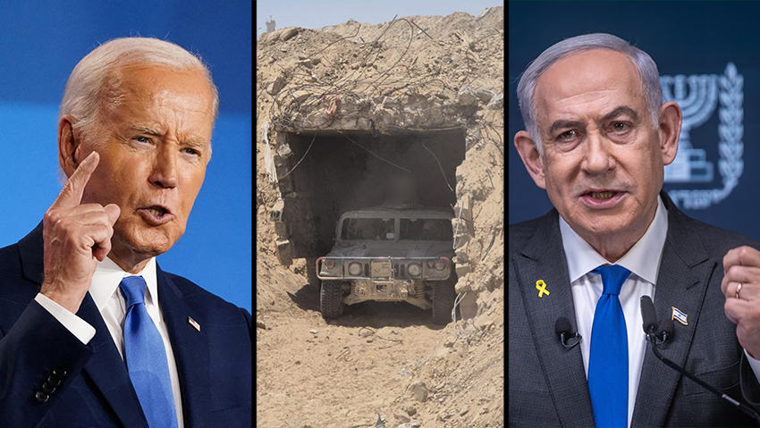 "ישראל וחמאס יצטרכו להתפשר". נתניהו, ביידן ומנהרה שאותרה בציר פילדלפי (צילום: חיים גולדברג, REUTERS/Nathan Howard, דובר צה"ל) בנימין נתניהו ג'ו ביידן
