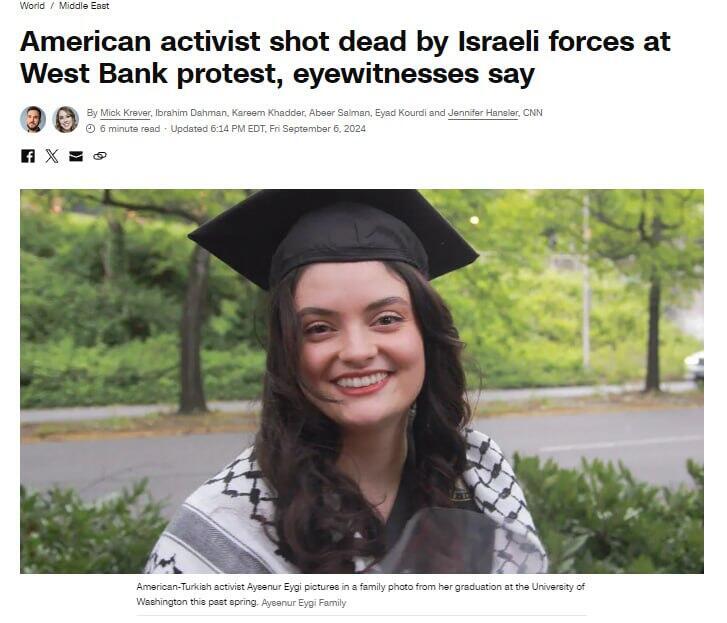 כותרת ב-CNN על הריגתה של אייגי הכותרות בעולם על מות איישנור אזגי אייגי בהפגנה ליד שכם