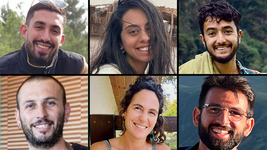 The six hostages murdered by Hamas in the tunnels (Photo: AP, Family albums) מימין למעלה: הרש גולדברג-פולין, עדן ירושלמי, אורי דנינו. מימין למטה: אלמוג סרסוסי, כרמל גת, אלכס לובנוב