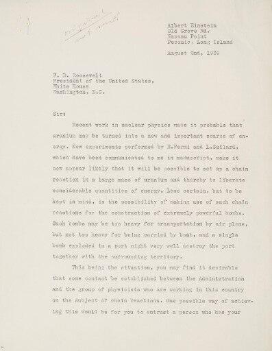 The letter מכתב האזהרה המפורסם של אלברט איינשטיין לנשיא ארהב פרנקלין רוזוולט משנת 1939 ובו הזהיר מפרויקט הגרעין של היטלר נמכר ב 4 מליון דולר