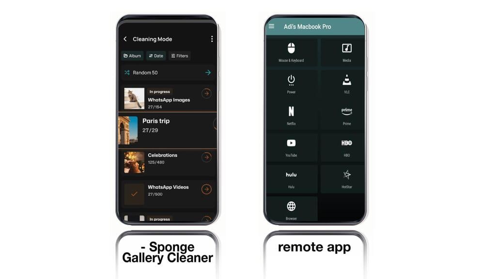 מימין: Remote App ו-Sponge - Gallery Cleaner (ללא) מימין: Remote App ו-Sponge - Gallery Cleaner