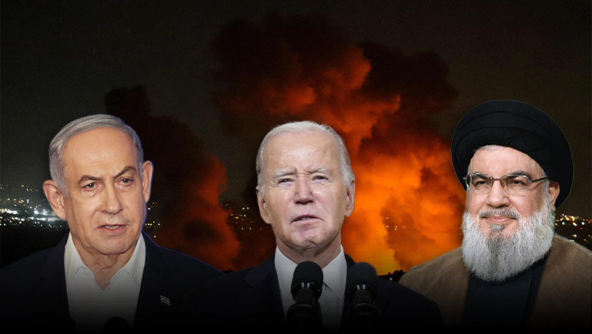 Prime Minister Benjamin Netanyahu, President Joe Biden and Hezbollah header Hanan Nasrallah (Photos: Rabih Daher/ AFP / Shutterstock / AP / Evan Vucci / Yariv Katz) תקיפות בדרום לבנון