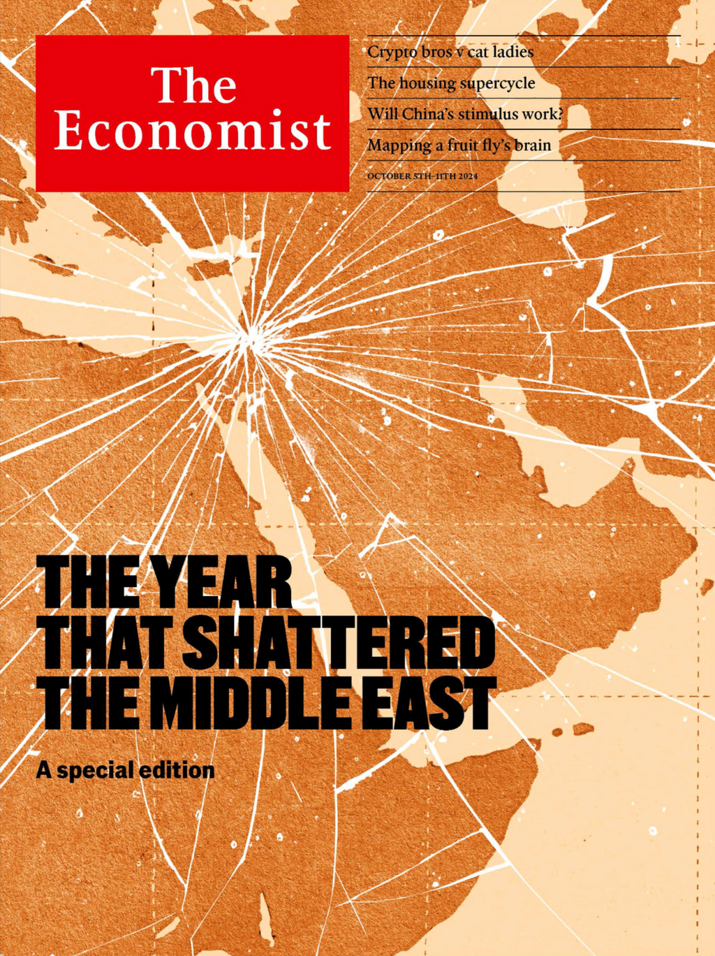 כותרת ה"אקונומיסט" (צילום: The Economist ) עיתון The Economist מציין שנה לאסון השביעי באוקטובר