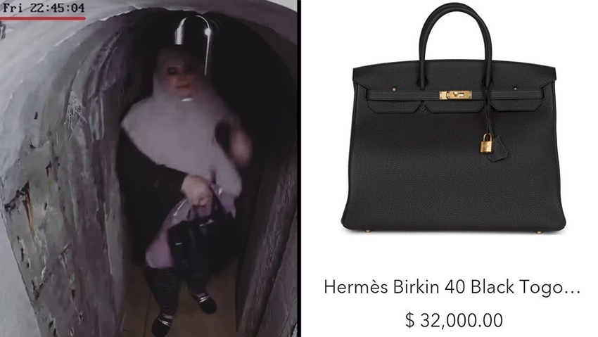 Sinwar's wife with a 32,000 dollar bag look-alike אישתו של סינוואר נצפתה במנהרה ב-6 באוקטובר כאשר היא נושאת עימה תיק 'בירקין' בשווי 32,000 דולר
