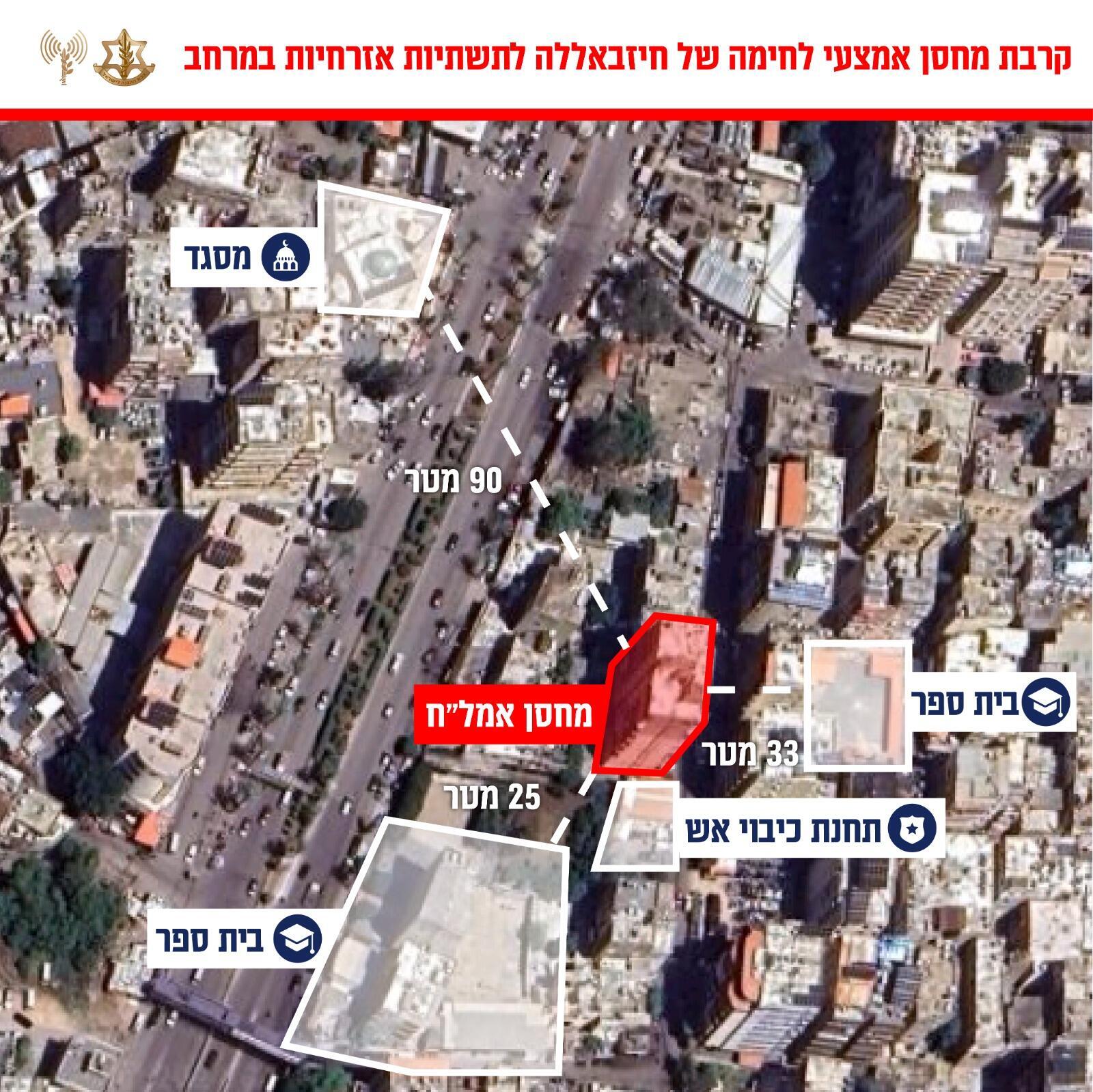 אינפוגרפיקה המציגה את קרבתו של אחד ממחסני האמל״ח לתשתיות אזרחיות במרחב (צילום: דובר צה"ל ) אינפוגרפיקה המציגה את קרבתו של אחד ממחסני האמל״ח לתשתיות אזרחיות במרחב