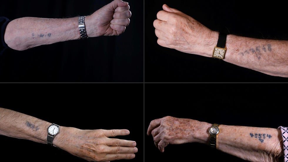 Survivors of Nazi death camp Auschwitz show their prisoner numbers tattooed on their forearms (Photo: AFP) Group ניצולי שואה גרשום בינט, שמול איצ'ק, מנחם הברמן, בת שבע דגן