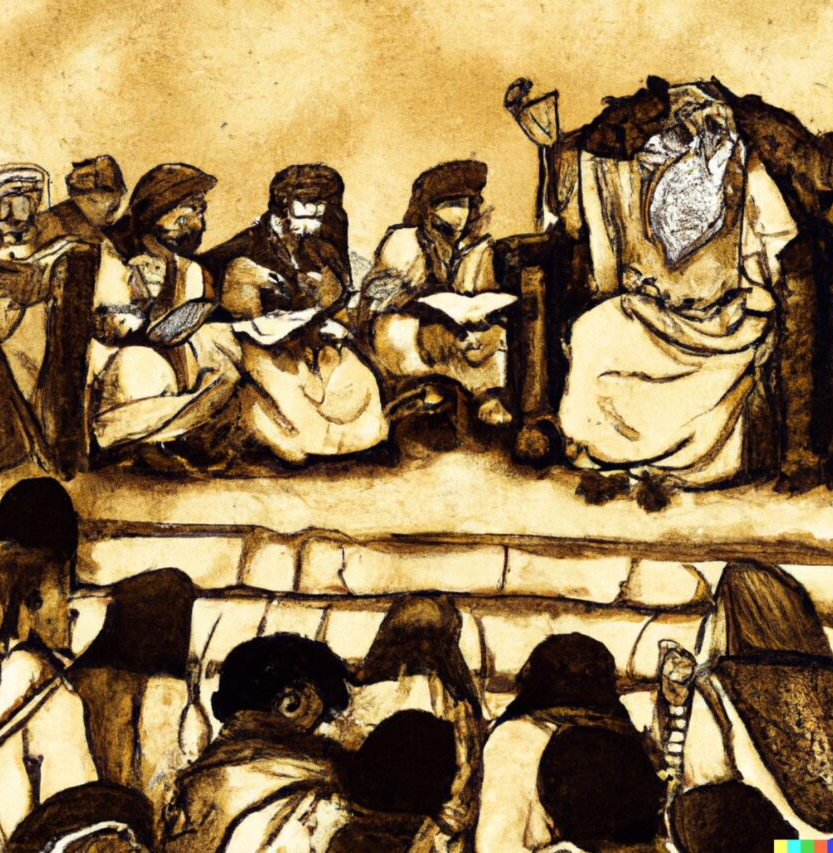 An AI-generated illustration of an ancient king reading the Torah to an assembly of Jewish men, women and children, in keeping with the commandment of hakhel 