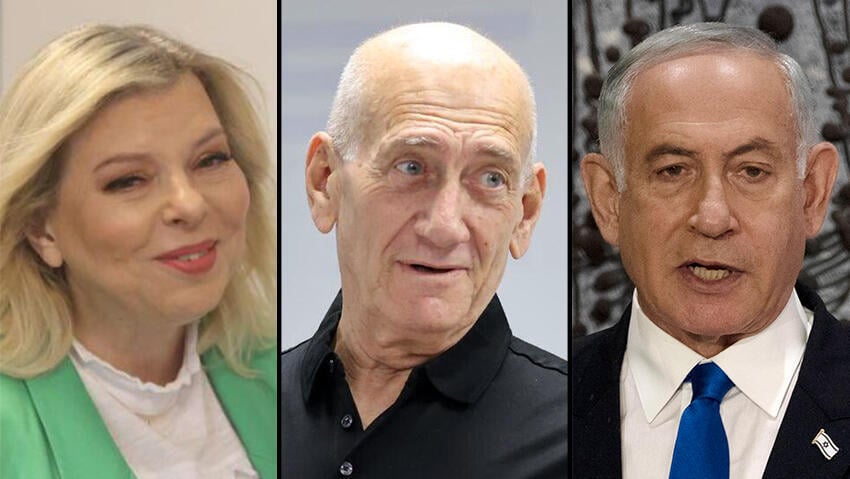 Sara Netanyahu, Ehud Olmert, Benjamin Netanyahu (Photo: AP; Motti Kimchi) Sara Netanyahu, Ehud Olmert, Benjamin Netanyahu
