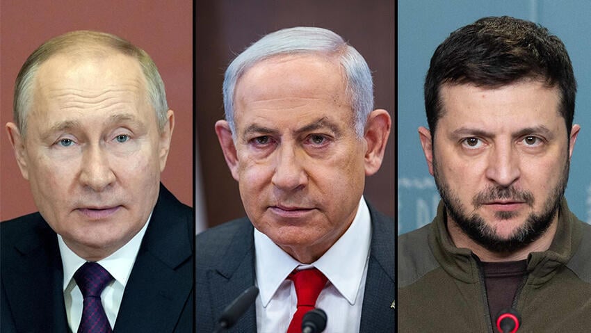 זלנסקי, נתניהו ופוטין (צילום: AFP, אליבייה פיטוסי, רויטרס) זלנסקי, נתניהו ופוטין
