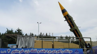 A new surface-to-surface ballistic missile called Khaibar with a range of 2,000 km, unveiled by Iran, is seen in Tehran, Iran, May 25, 2023 