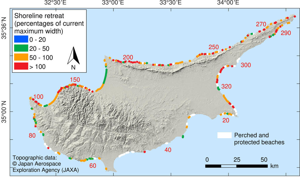 Projection of the impacts on 241 currently unprotected Cypriot beaches in 2050 (Photo: Monioudi et al, 2023) נסיגת קו החוף ב-241 החופים של קפריסין, שמסומנת על ידי נקודות צבעוניות לאורך קו החוף (הנסיגה החמורה ביותר, מעל 100 מטר, מסומנת באדום)