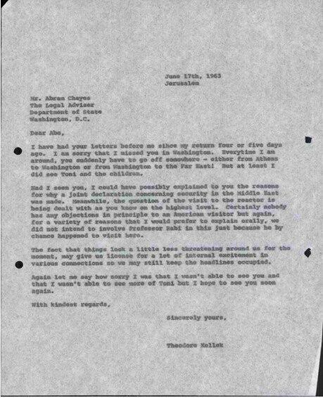 Kollek's reply תשובתו של טדי קולק מיום 17.6.1963 למכתבו של אברם (אייב) צ'ייס מיום 21.5.1963