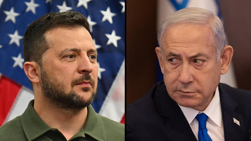 נתניהו וזלנסקי (צילום: אלכס קולומויסקי, ANGELA WEISS / AFP) בנימין נתניהו וולודימיר זלנסקי