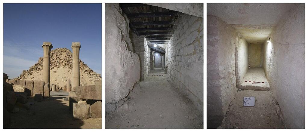 Left to right: Pyramid of Sahure, supported passage inside the pyramid, one of the storage rooms discovered (Photo: Mohamed Khaled) משמאל לימין: פירמידת סחו רע מבחוץ, מעבר מאובטח בקורות פלדה בתוך הפירמידה ואחד מחדרי האחסון שהתגלו בה