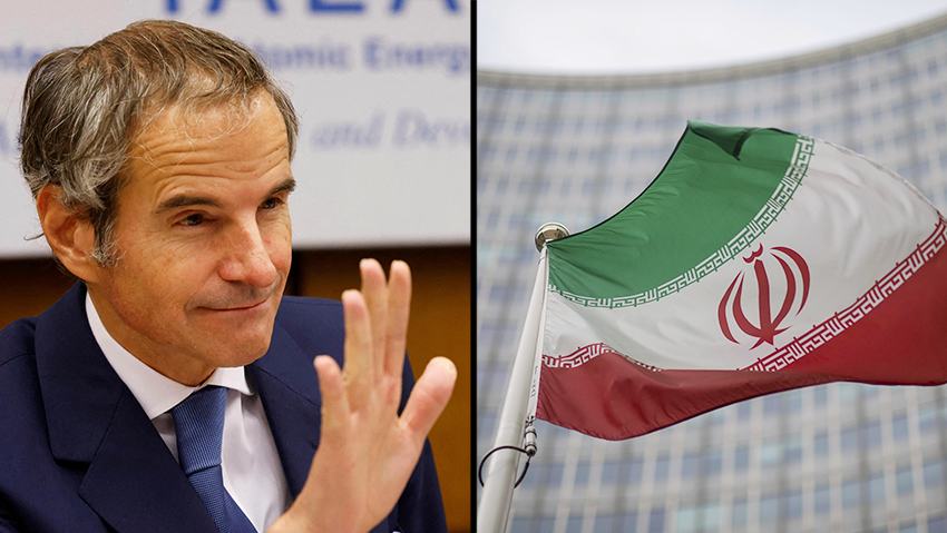 IAEA Chief Rafael Grossi, Iranian flag (Photo: REUTERS/Leonhard Foeger, AP) דיון ב מועצת הנגידים של סבא"א נגד איראן מטה וינה רפאל גרוסי גרעין
