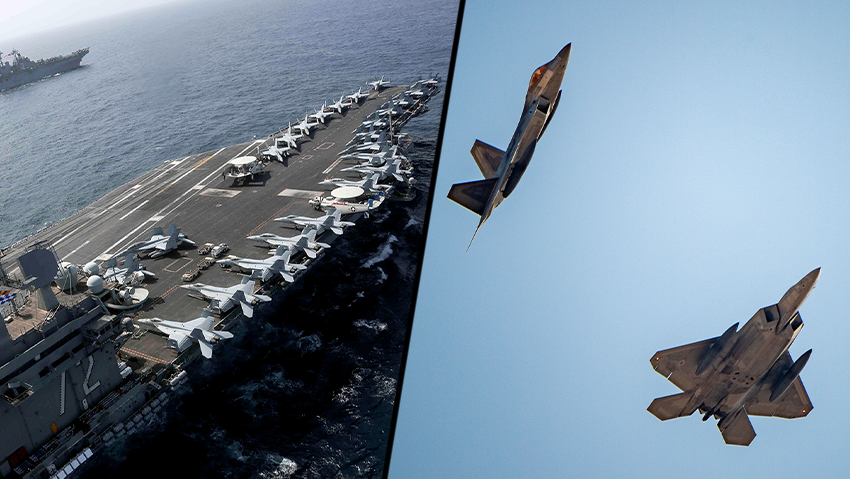 U.S. Air Force F-22 fighter jets and preparations aboard the aircraft carrier Abraham Lincoln (Photo: Reuters from X) מטוסי קרב