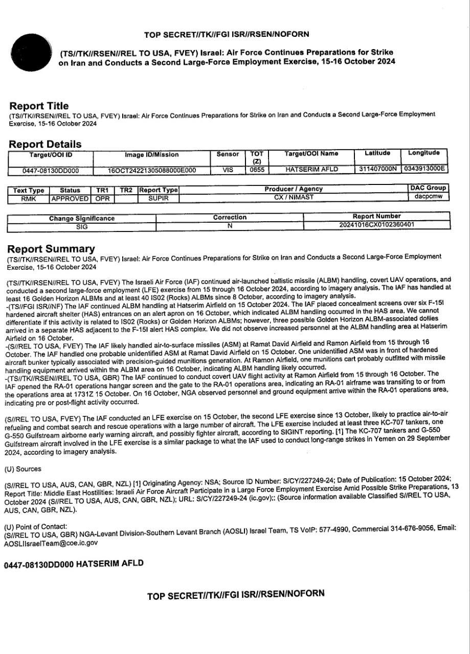 Copy of a leaked Pentgon document (Photo: From X) מסמכים שהודלפו ברשת X, נכתבו לכאורה על ידי הפנטגון ומתארים היערכות של צה"ל לתקיפה באיראן