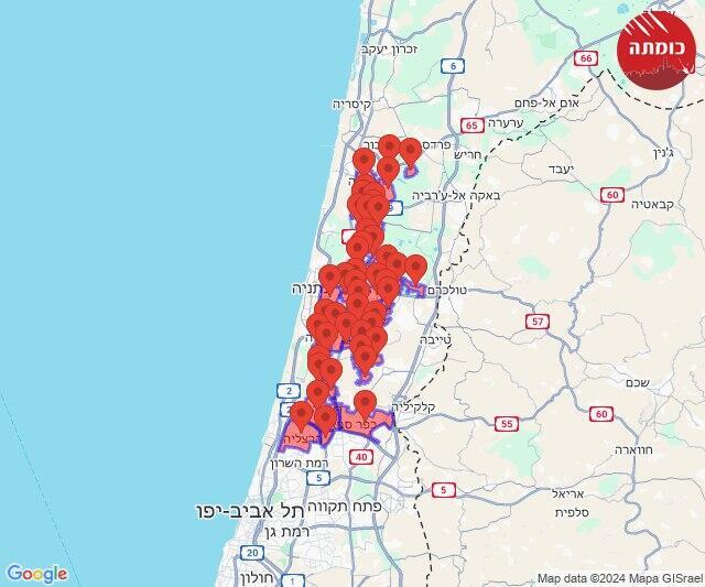 מפת האזעקות בשרון (צילום: כומתה) אזעקות בשרון