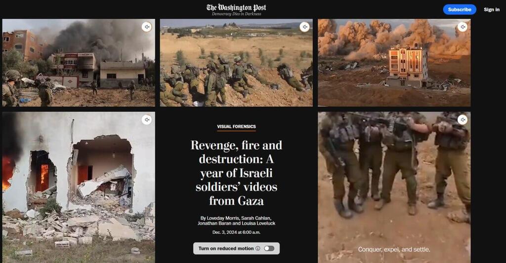 הכתבה בשער ה"וושינגטון פוסט" (צילום: The Washington Post) הראשית של הוושינגטון פוסט - "שנה של סרטונים של חיילי צה"ל מרצועת עזה"
