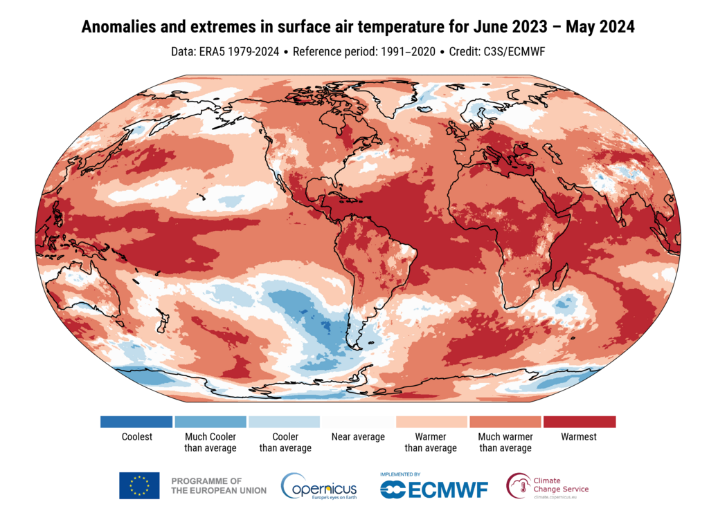 Map displays global temperatures from June 2023 to May 2024 compared to the 1991-2020 average. Areas in red indicate significant warming across most of the globe (Photo: Copernicus Climate Change Service/ECMWF) Map displays global temperatures from June 2023 to May 2024 compared to the 1991-2020 average. Areas in red indicate significant warming across most of the globe