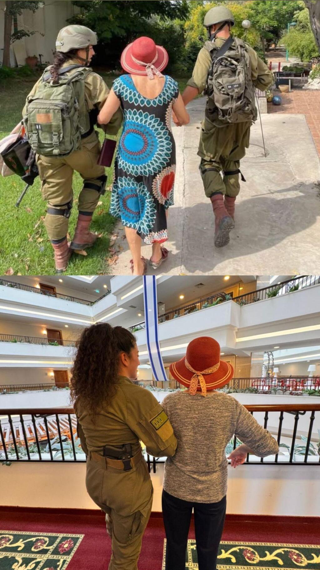 למעלה: התמונה מהחילוץ של דליה מבארי ב-8 באוקטובר. למטה: המפגש בינה לבין סרן תאיר חממה, שחילצה אותה (צילום: מהאלבום הפרטי) חילוצה של דליה בהיר מבארי ב-8 באוקטובר והמפגש בינה לבין סרן תאיר חממה