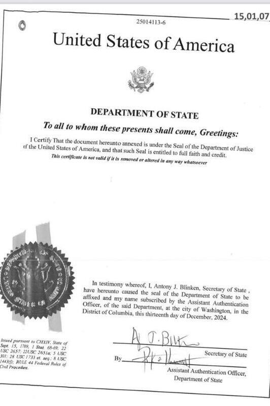 The document signed by former U.S. Secretary of State Antony Blinken הבקשה להסגרתו לארה"ב של מ', ההאקר מאשקלון