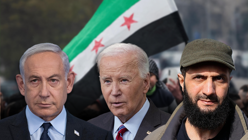 Benjamin Netanyahu, Joe Biden, Ahmad al-Sharaa (Photo: REUTERS/Amr Abdallah Dalsh) ג'ולאני, ביידן ונתניהו הפגנה ב דמשק סוריה נגד הצתת עץ חג המולד
