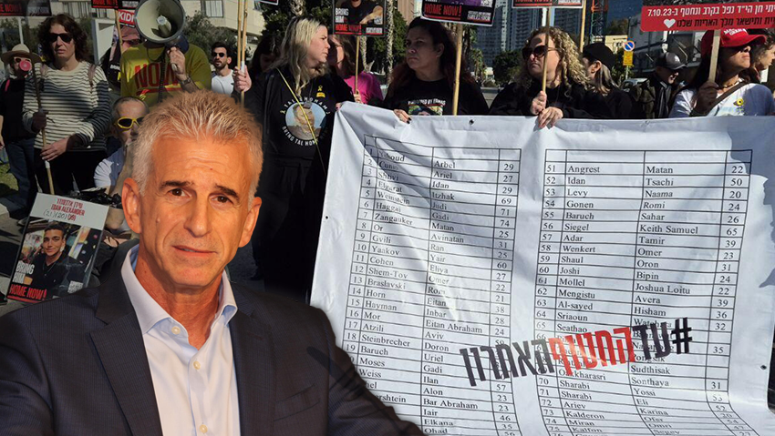 Mossad chief David Barnea and a protest demanding the release of all hostages (Photo: Ido Erez, Yariv Katz) משפחות חטופים ופעילים פורשים על הכביש רשימת ענק הכוללת את 100 החטופים