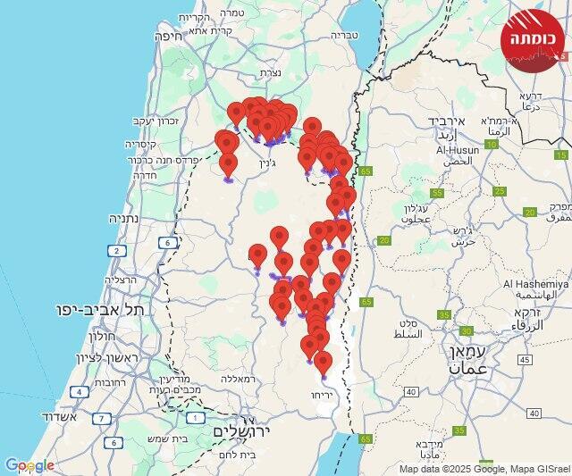 מפת צבע אדום בעקבות שיגור טיל חות'י
