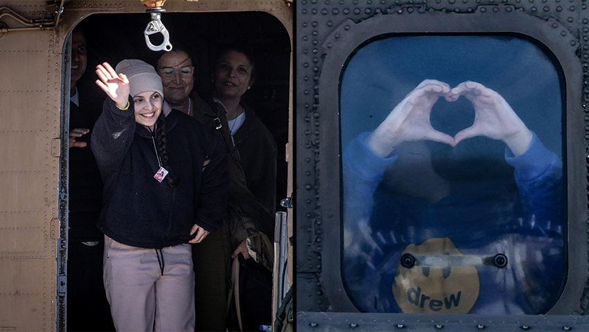 Photo: JACK GUEZ / AFP, Chris McGrath/Getty Images חצי חצאים לירי אלבג מחלון המסוק בו נמצאות החטופות נוחת בבילינסון, דניאלה גלבוע מסוק מחייכת מוציאה ראש חטופה משוחררת השתחררה שבי חמאס עסקה עסקת חטופים