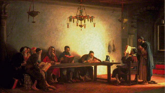 ישיבת רבנים במרוקו, 1882 . ציור של ז'אן לקומט yk14246182