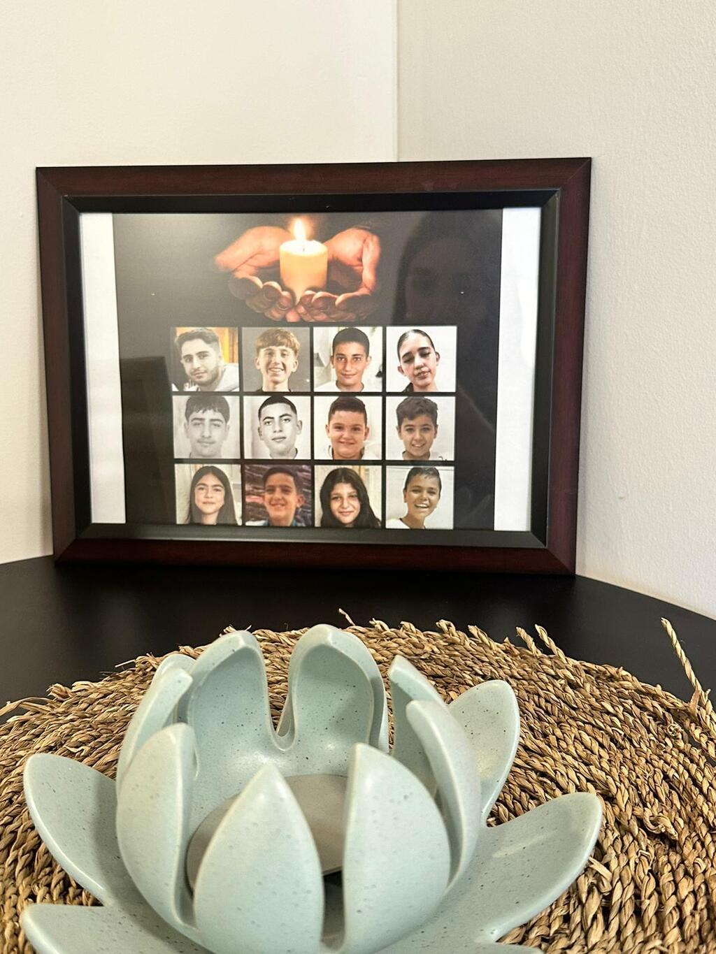 A memorial to the 12 Druze children killed in the July 27, 2024 Hezbollah attack on Majdal Shams, in the Lotus office, Dec 17, 2025 