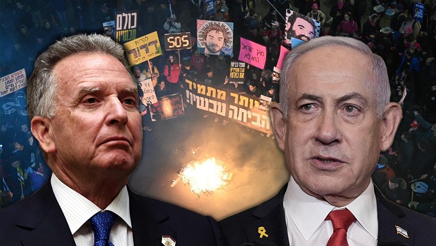 נתניהו ושליח טראמפ וויטקוף (צילום: REUTERS/Evelyn Hockstein/Pool Oliver CONTRERAS / AFP) הדלקת מדורות בהפגנה להחזרת החטופים בדרך בגין