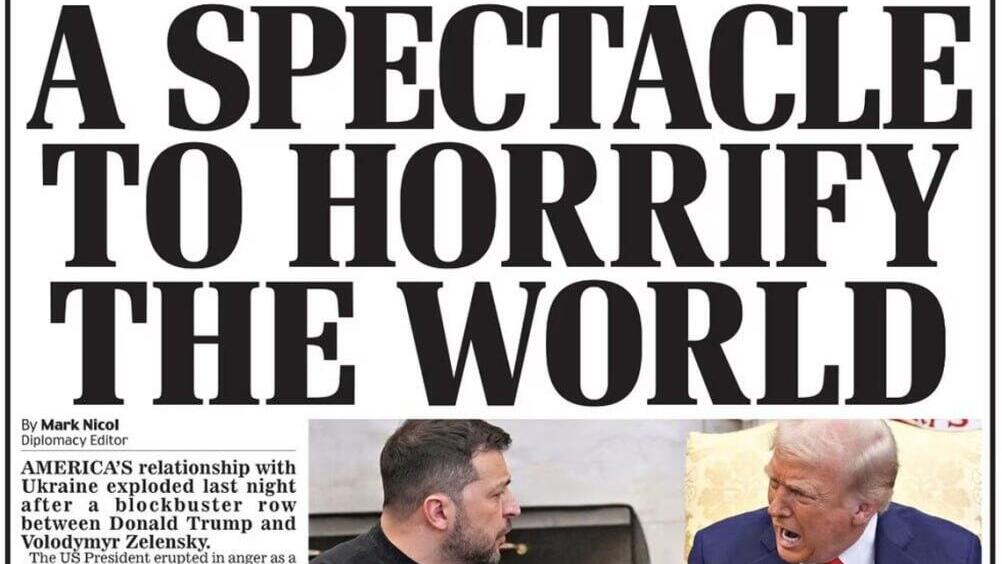 UK Daily Mail reports on Trump-Zelensky fued (Photo: Screenshot) שער עיתון הדיילי מייל מציג את הויכוח בין טראמפ לזלנסקי