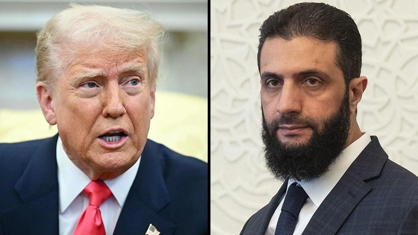 US President Dona;d trump, Syrian leader Ahmed al-Sharaa (Photos: Mandel Ngan / AFP, Mosa'ab Elshamy/AP) נשיא סוריה אבו מוחמד אל-ג'ולאני, נשיא ארה"ב דונלד טראמפ