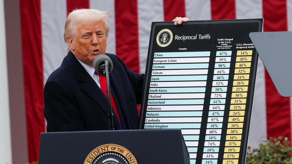 Trump presents his tariff plan (Photo: REUTERS/Carlos Barria) נשיא ארה"ב, דונלד טראמפ