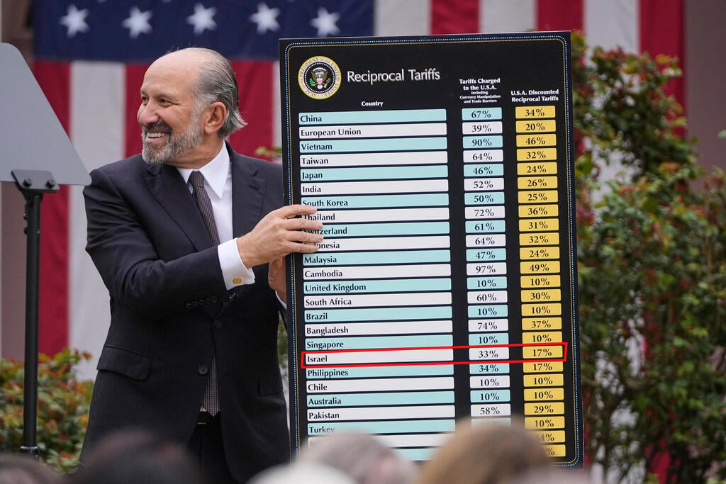 Howard Lutnick presents Trump's tariffs (Photo: Mark Schiefelbein / AP) תוכנית המכסים שחשף טראמפ