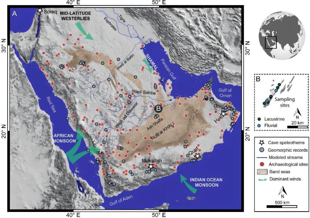 Hydrological mapping on monsoon rain transitions (Illustration: Communications Earth & Environment (2025). DOI: 10.1038/s43247-025-02224-1. https://www.nature.com/articles/s43247-025-02224-1) מיפוי פלאו-הידרולוגי וגאו-מורפולוגי, כולל אתרים ארכאולוגיים, נחלים, מערכות גשמי מונסון מרכזיות ואתר המחקר בחצי האי ערב